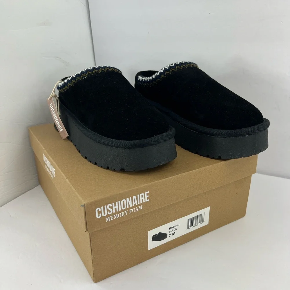 CUSHIONAIRE KABUKI GENUINE BLK SUEDE PLATFORM MULES,SIZE 7M, WARM & COMFORTABLE